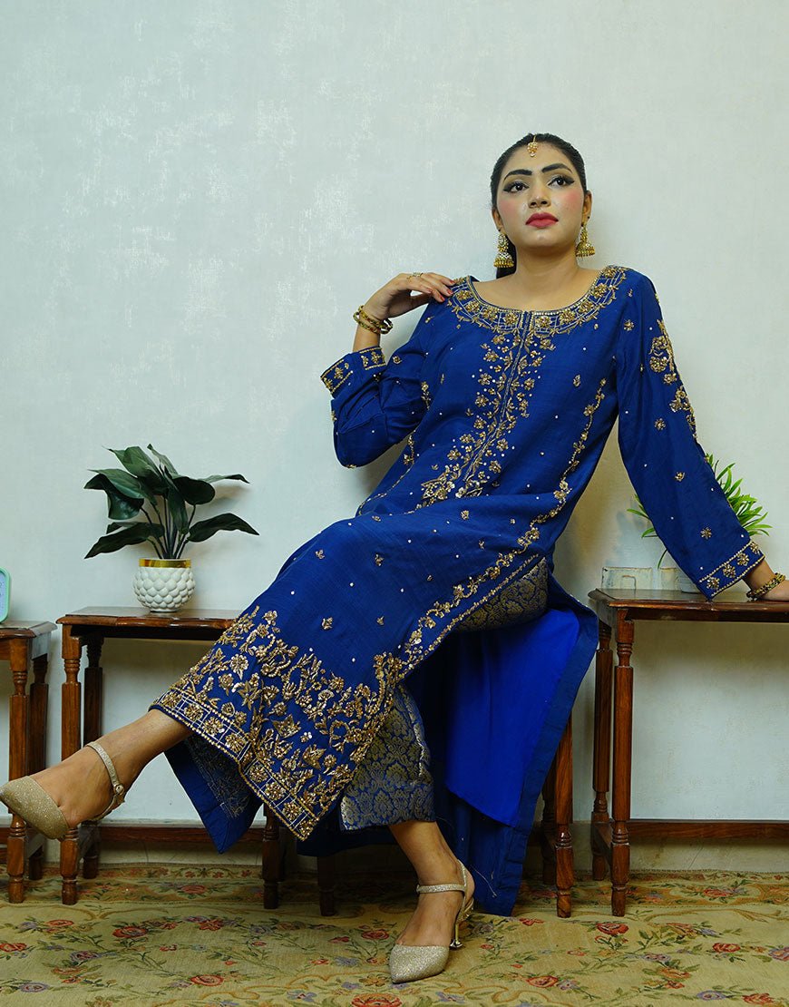 MIRA – Navy Blue Pure Raw Silk Outfit | Handcrafted Gold Dabka Work | Jamawar Pajama & Dupatta