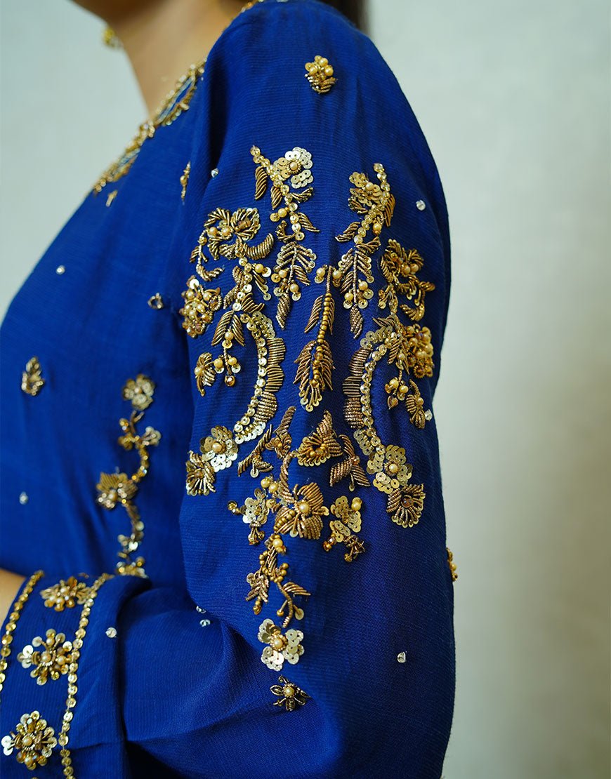 MIRA – Navy Blue Pure Raw Silk Outfit | Handcrafted Gold Dabka Work | Jamawar Pajama & Dupatta