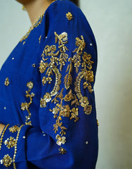 MIRA – Navy Blue Pure Raw Silk Outfit | Handcrafted Gold Dabka Work | Jamawar Pajama & Dupatta