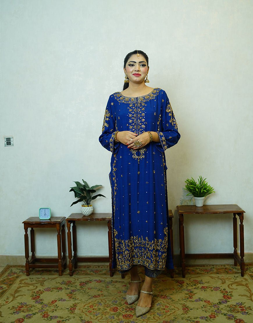 MIRA – Navy Blue Pure Raw Silk Outfit | Handcrafted Gold Dabka Work | Jamawar Pajama & Dupatta