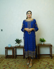 MIRA – Navy Blue Pure Raw Silk Outfit | Handcrafted Gold Dabka Work | Jamawar Pajama & Dupatta