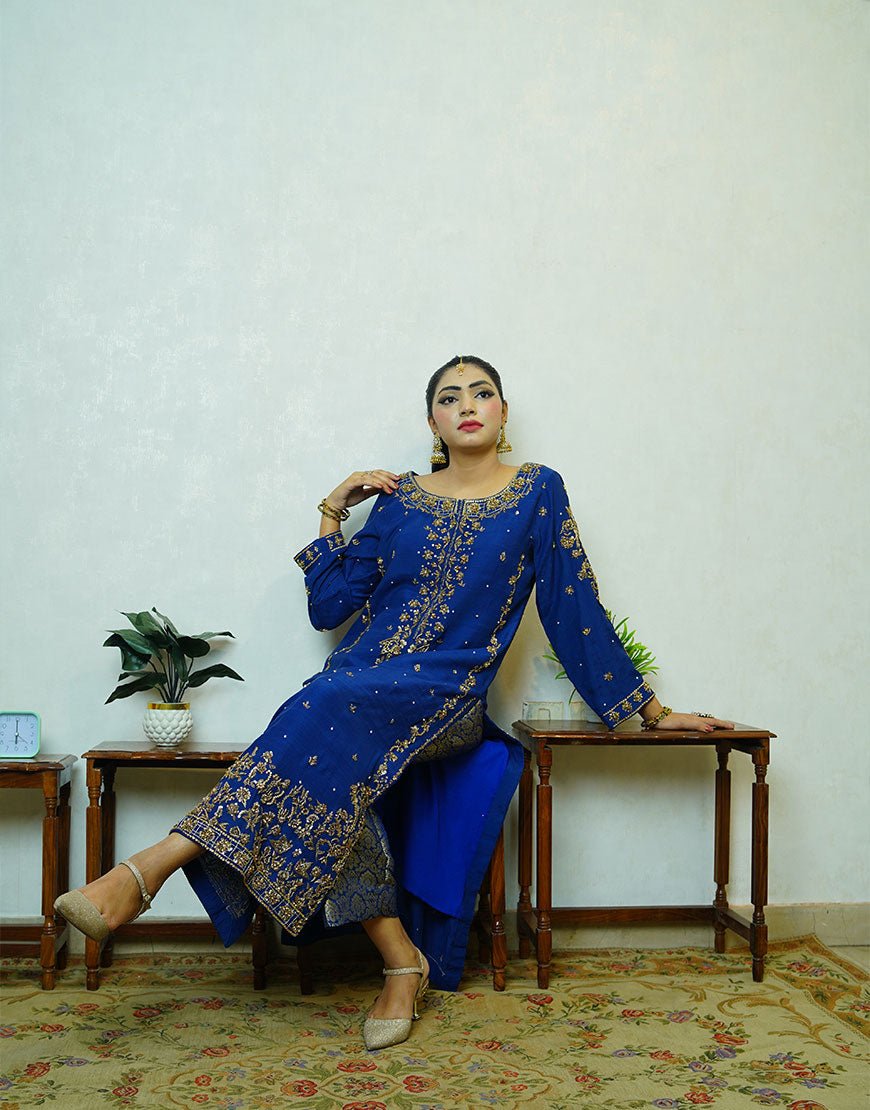 MIRA – Navy Blue Pure Raw Silk Outfit | Handcrafted Gold Dabka Work | Jamawar Pajama & Dupatta