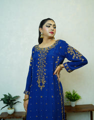 MIRA – Navy Blue Pure Raw Silk Outfit | Handcrafted Gold Dabka Work | Jamawar Pajama & Dupatta