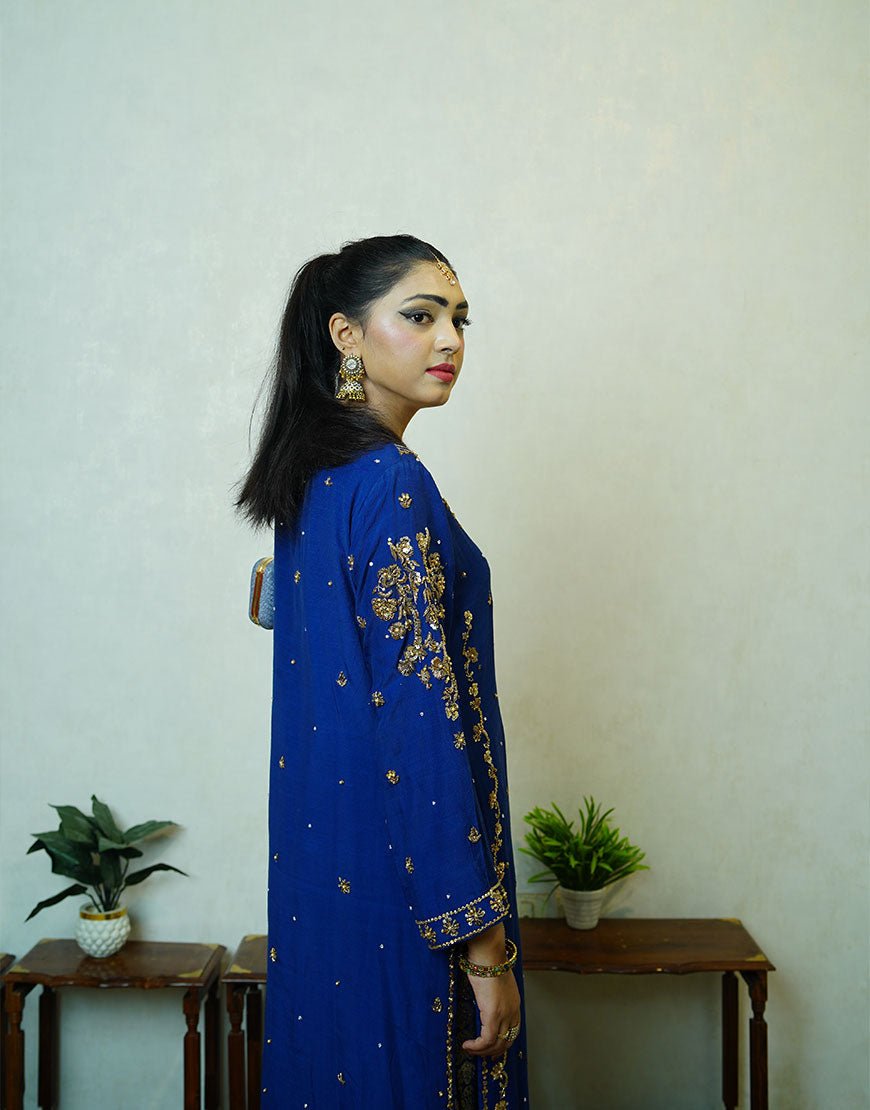 MIRA – Navy Blue Pure Raw Silk Outfit | Handcrafted Gold Dabka Work | Jamawar Pajama & Dupatta