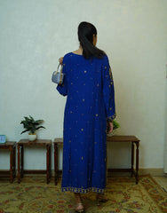 MIRA – Navy Blue Pure Raw Silk Outfit | Handcrafted Gold Dabka Work | Jamawar Pajama & Dupatta
