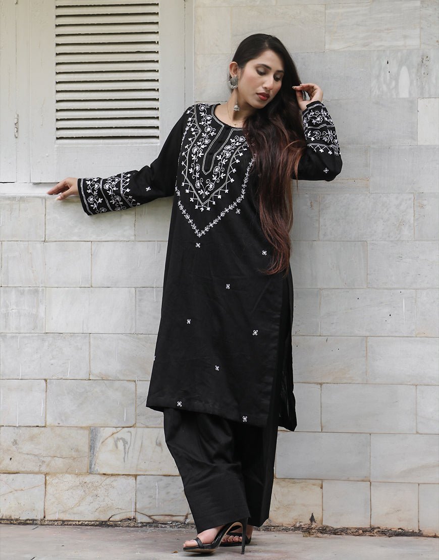 Noir Elegance – Black Hand Embroidered 2-Piece Ensemble