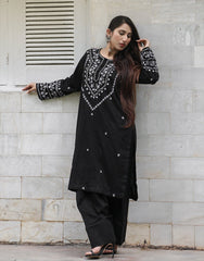 Noir Elegance – Black Hand Embroidered 2-Piece Ensemble