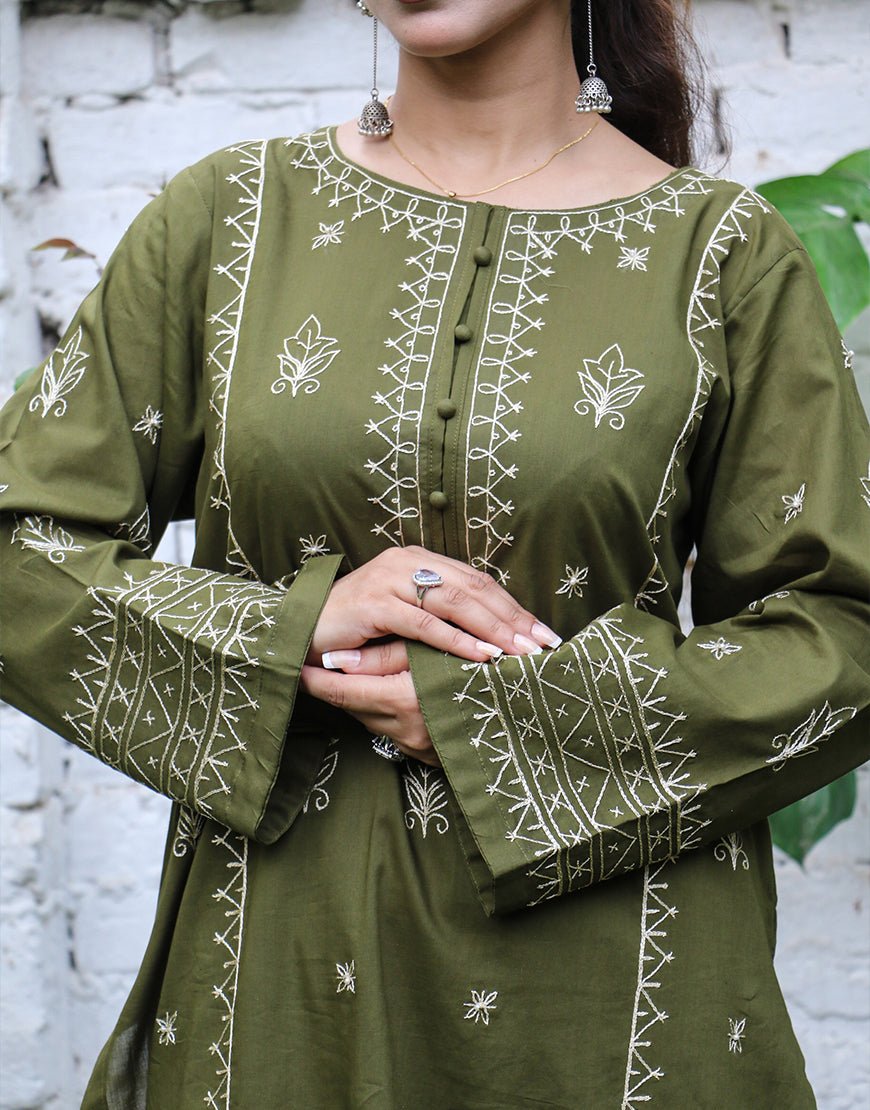 Olive Grace – Embroidered Cotton 2-Piece Suit for Women