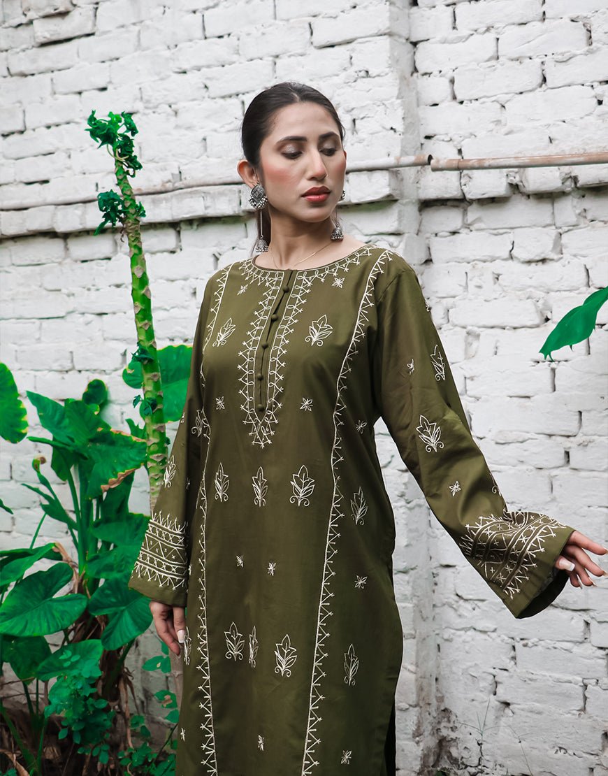 Olive Grace – Embroidered Cotton 2-Piece Suit for Women