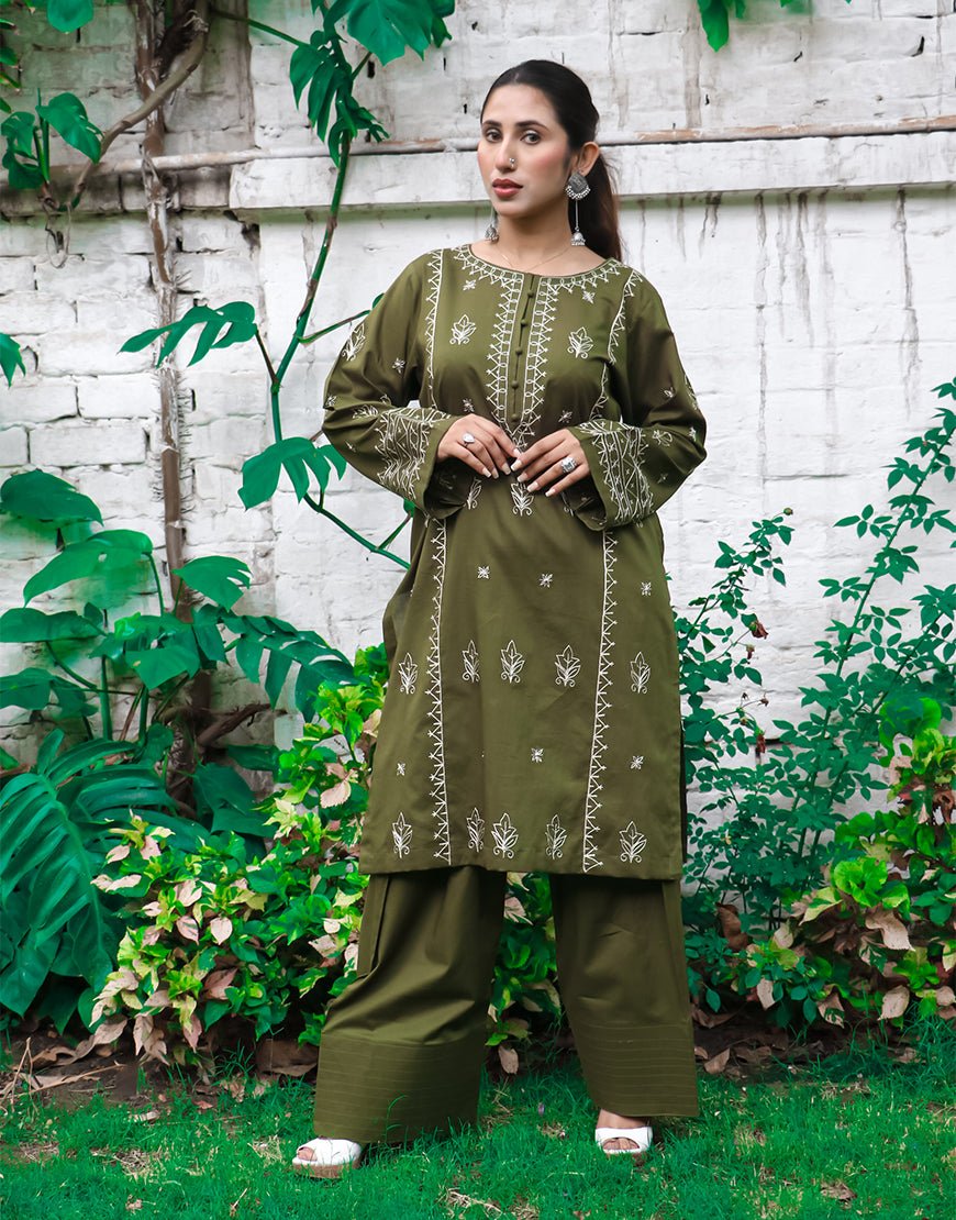 Olive Grace – Embroidered Cotton 2-Piece Suit for Women