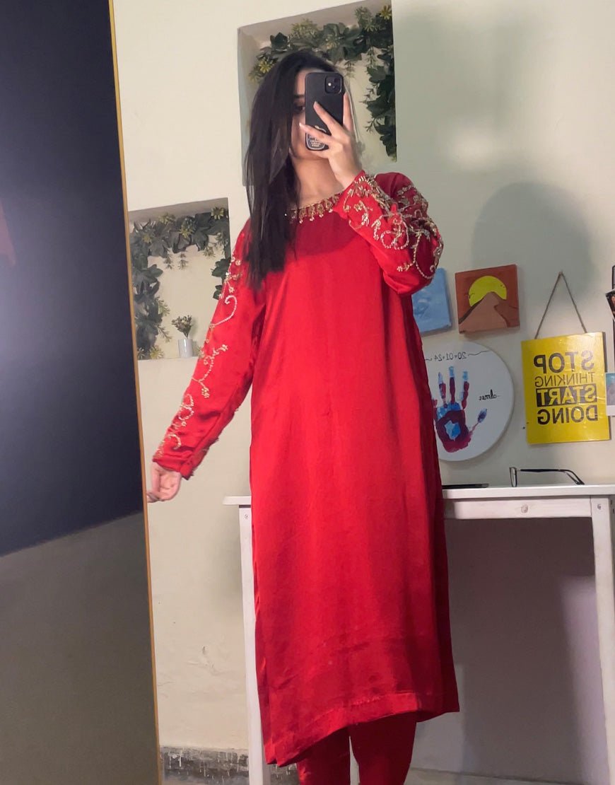 Red Hand-Embroidered 2-Piece Suit – Dabka & Sequin Work | Luxury Eid & Festive Wear
