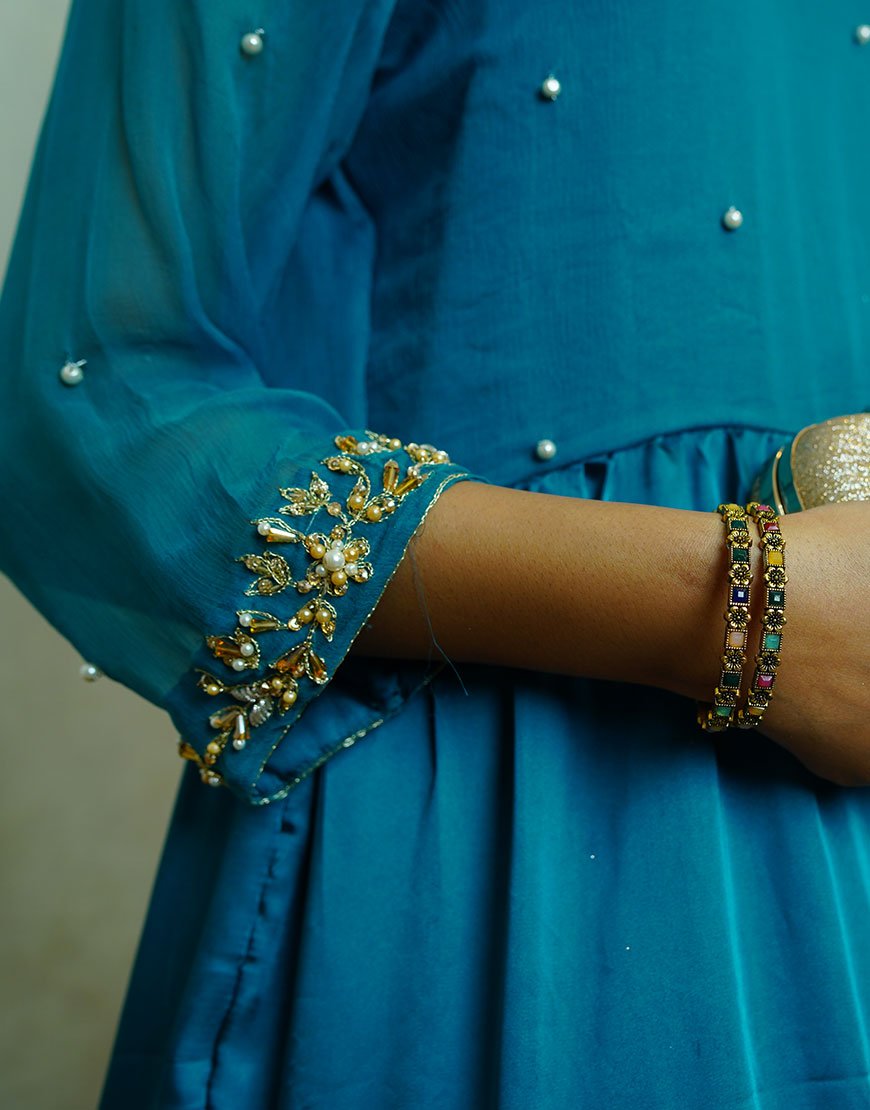 Riwa – Hand-Embroidered Pure Silk Maxi in Zinc | Dabka & Kingri Work | Luxury Formal Wear