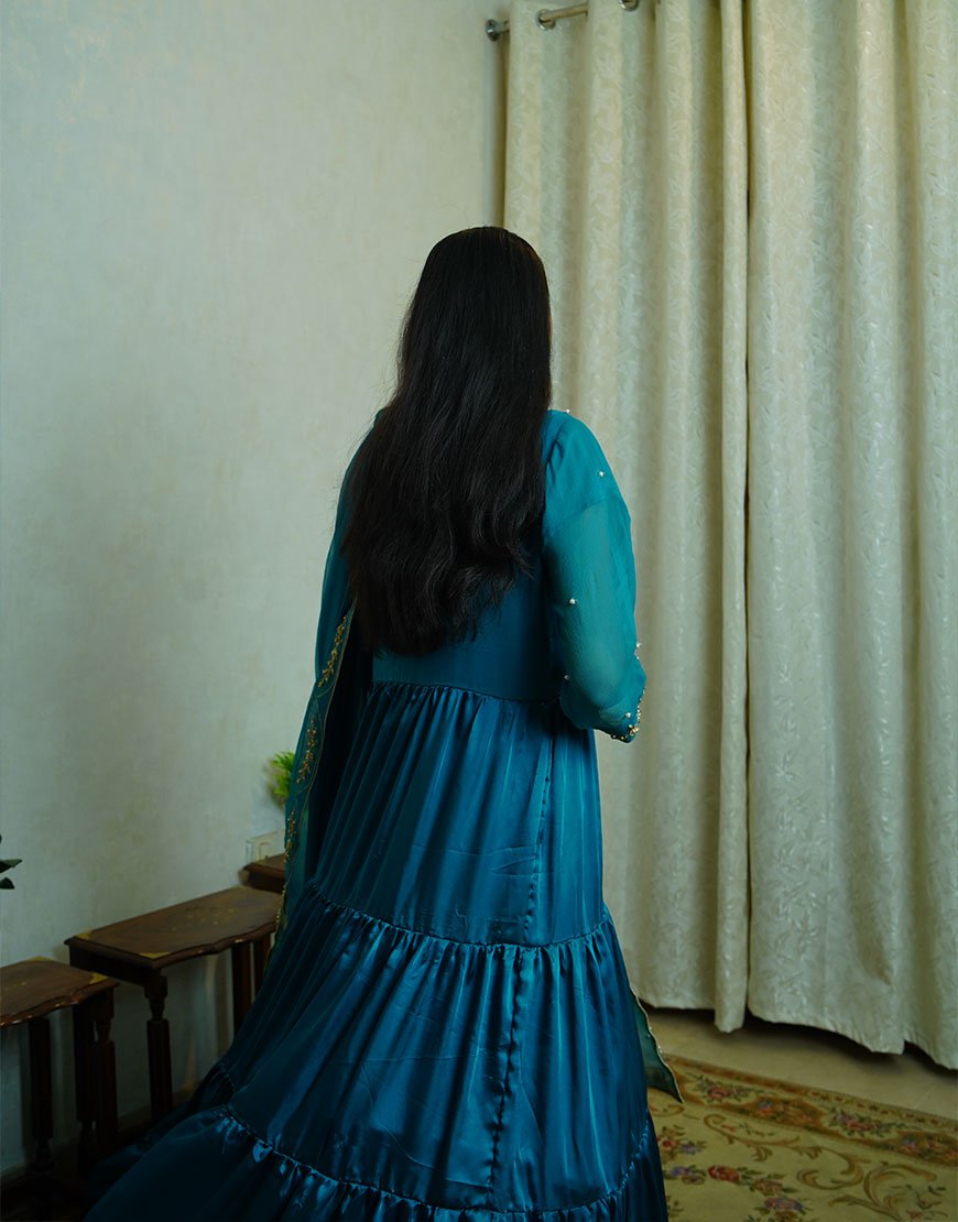 Riwa – Hand-Embroidered Pure Silk Maxi in Zinc | Dabka & Kingri Work | Luxury Formal Wear