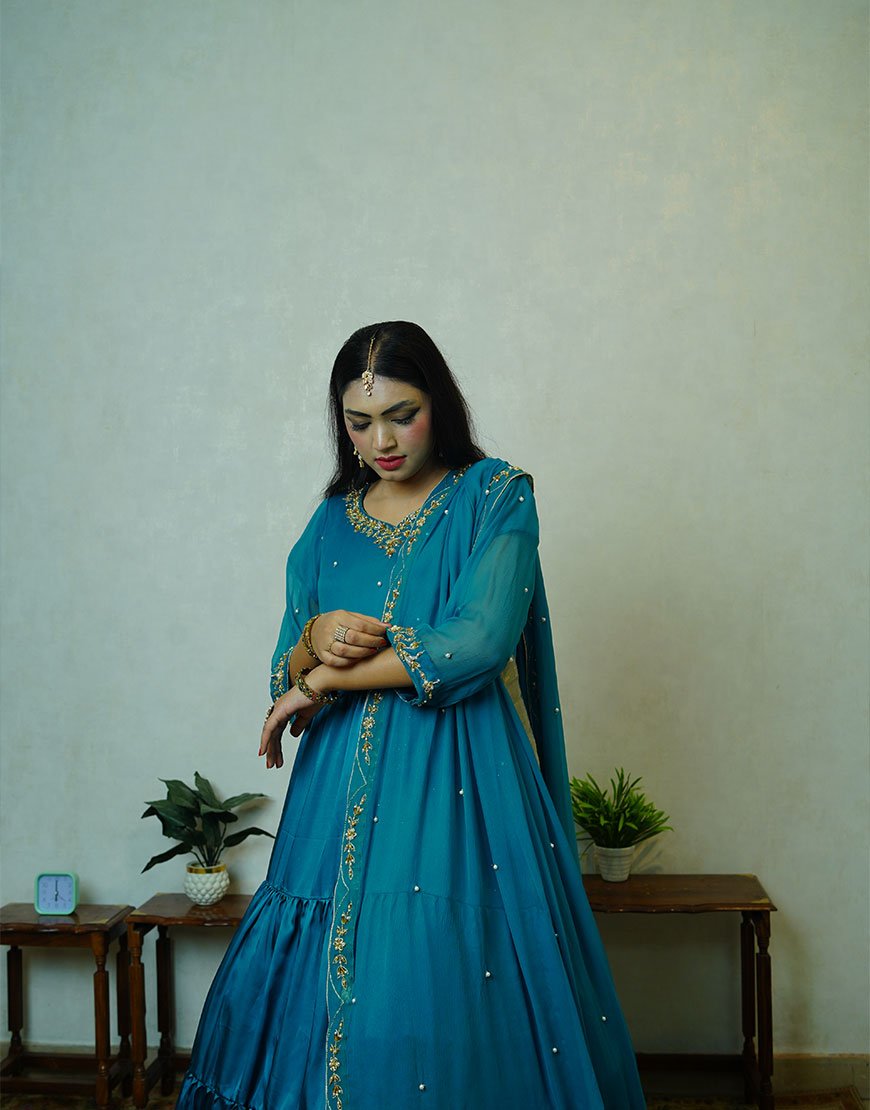 Riwa – Hand-Embroidered Pure Silk Maxi in Zinc | Dabka & Kingri Work | Luxury Formal Wear