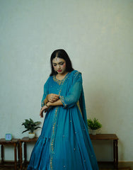 Riwa – Hand-Embroidered Pure Silk Maxi in Zinc | Dabka & Kingri Work | Luxury Formal Wear