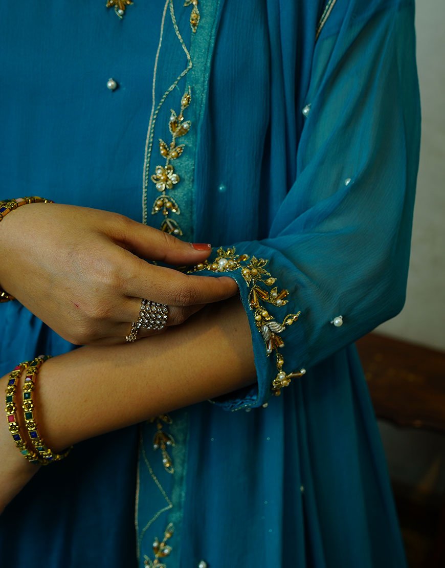 Riwa – Hand-Embroidered Pure Silk Maxi in Zinc | Dabka & Kingri Work | Luxury Formal Wear