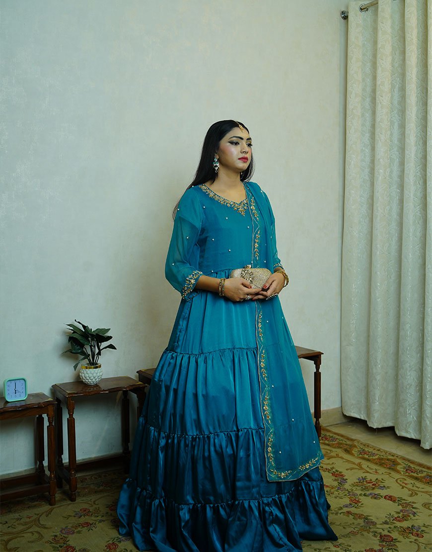 Riwa – Hand-Embroidered Pure Silk Maxi in Zinc | Dabka & Kingri Work | Luxury Formal Wear