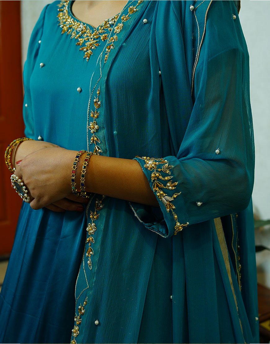 Riwa – Hand-Embroidered Pure Silk Maxi in Zinc | Dabka & Kingri Work | Luxury Formal Wear