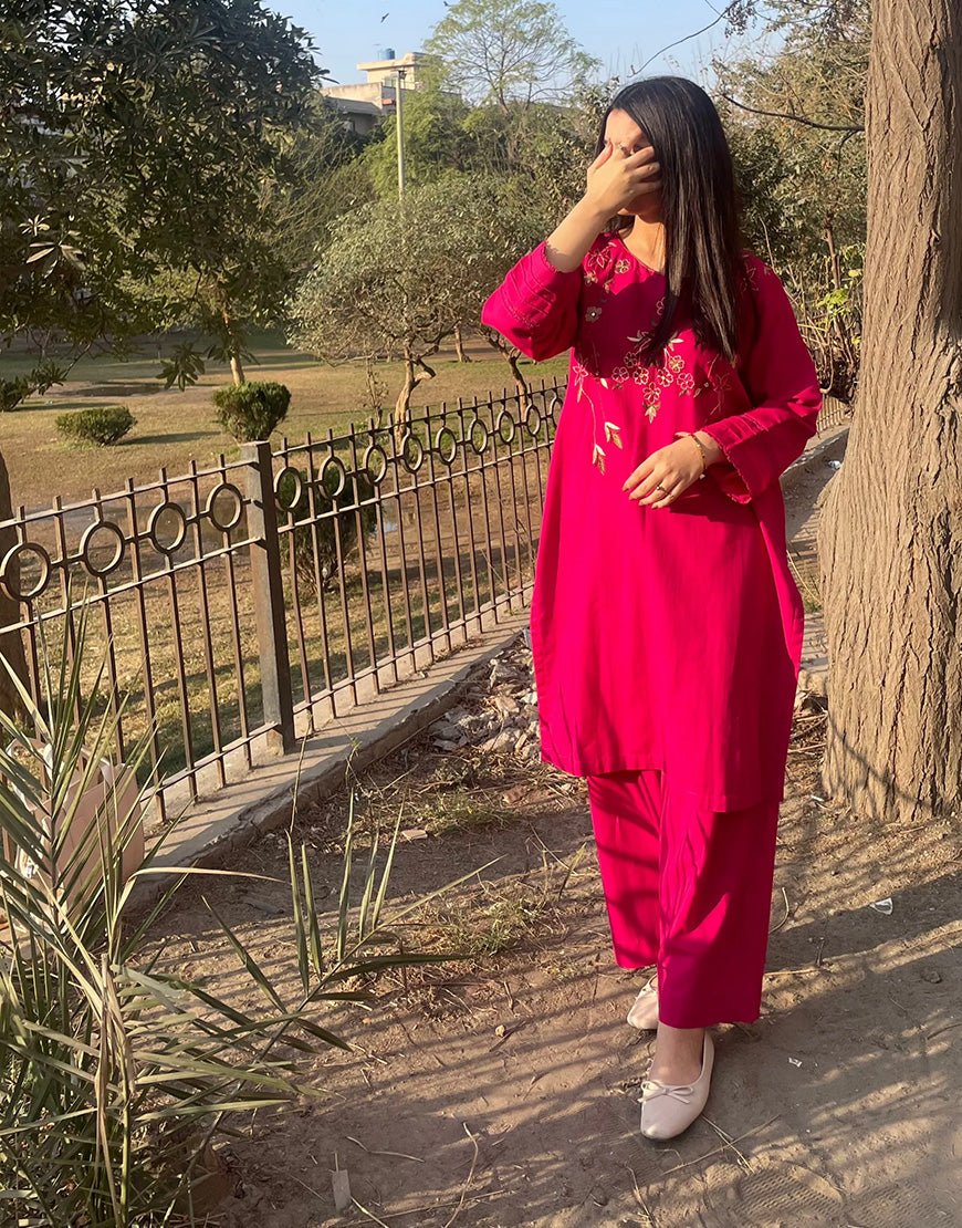Shocking Pink Hand-Embroidered Khadar 2-Piece – Elegant Winter Wear | Festive Collection