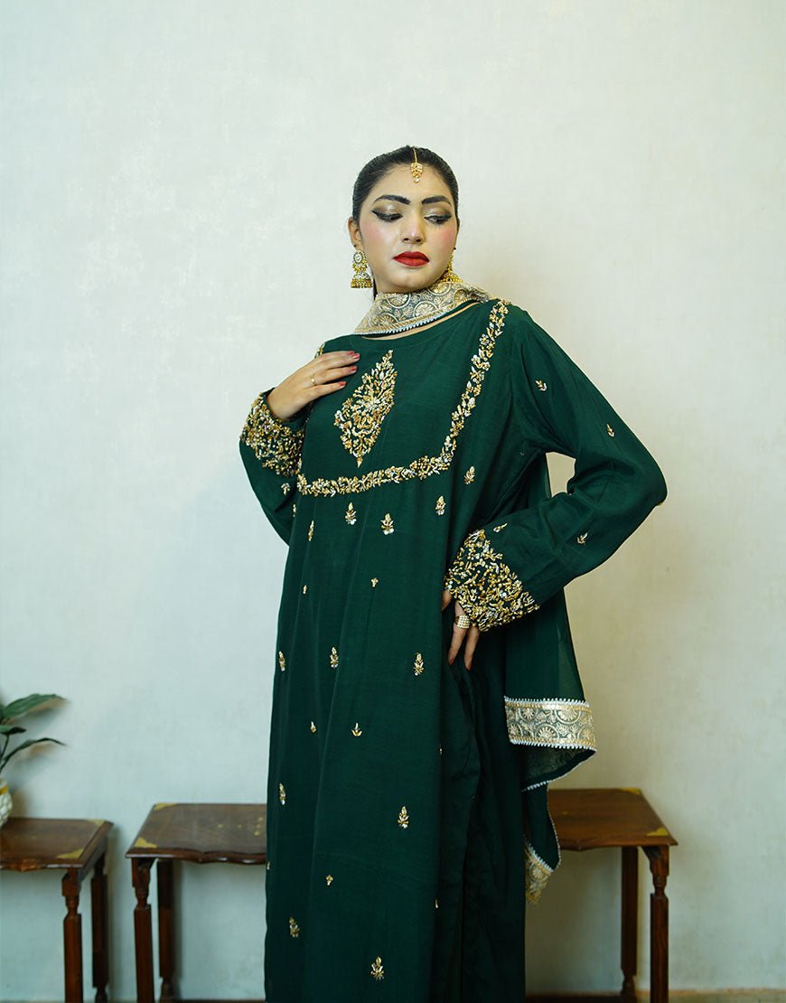 Siri - Handcrafted Dyed Raw Silk Suit | Dabka Embroidered 3-Piece | Festive & Formal Wear