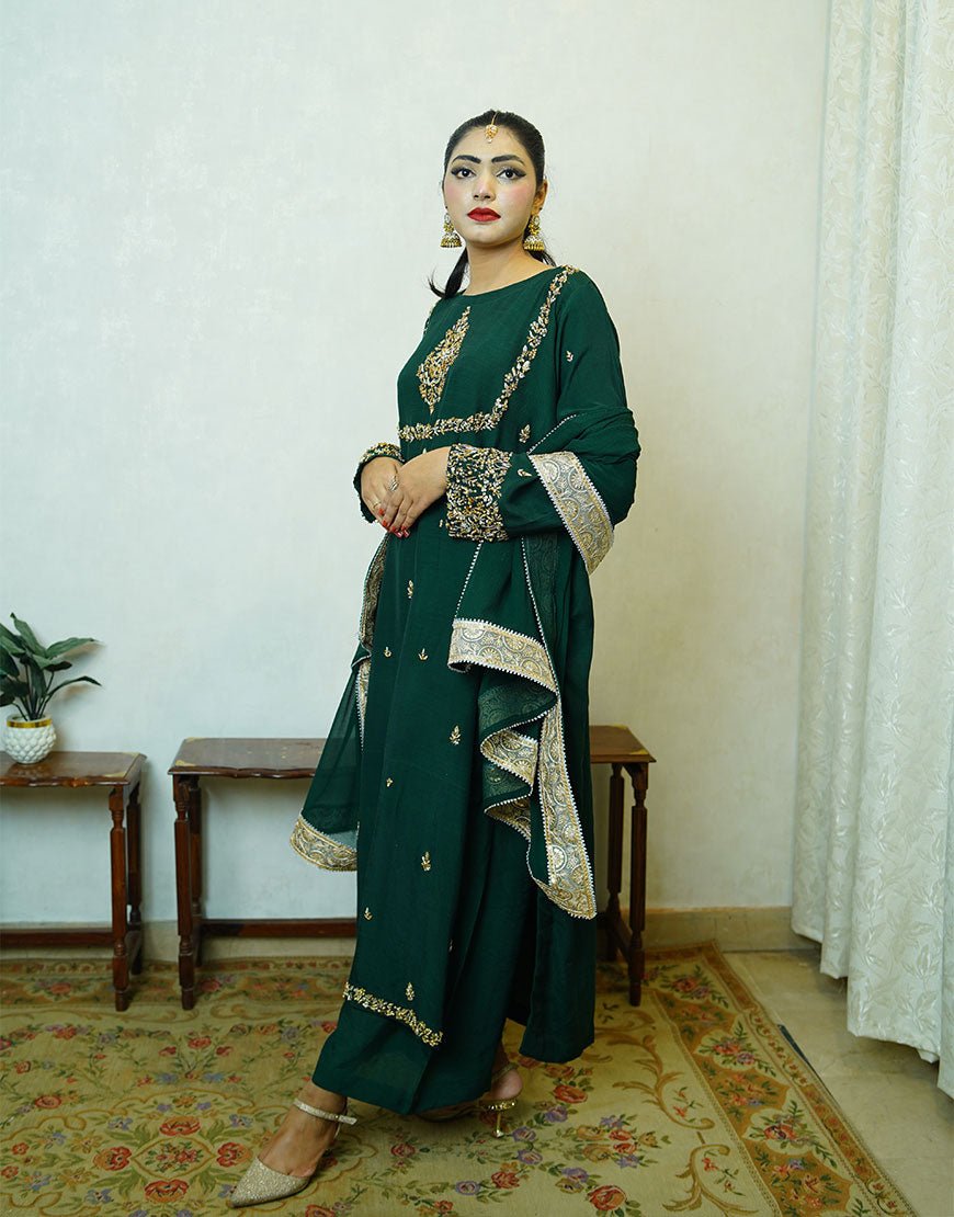Siri - Handcrafted Dyed Raw Silk Suit | Dabka Embroidered 3-Piece | Festive & Formal Wear