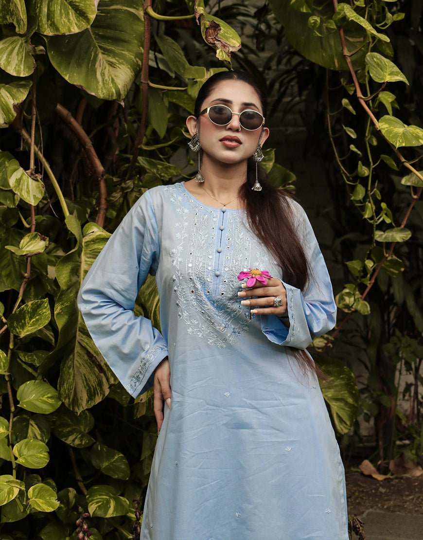 Sky Serenity – Hand Embroidered Light Blue 2-Piece Suit