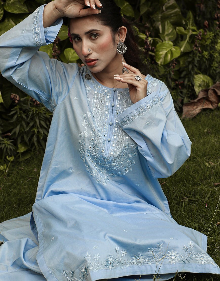 Sky Serenity – Hand Embroidered Light Blue 2-Piece Suit