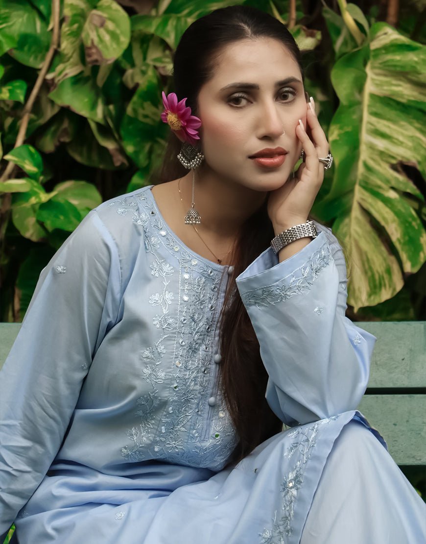 Sky Serenity – Hand Embroidered Light Blue 2-Piece Suit