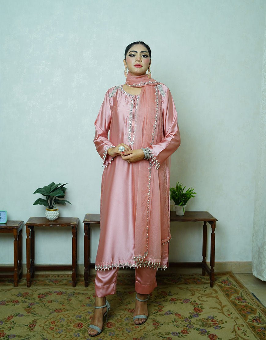 Soft Blush Pink Shamooz Silk Embroidered Suit – Handcrafted Dabka & Crystal Work | Luxury Eid & Formal Wear