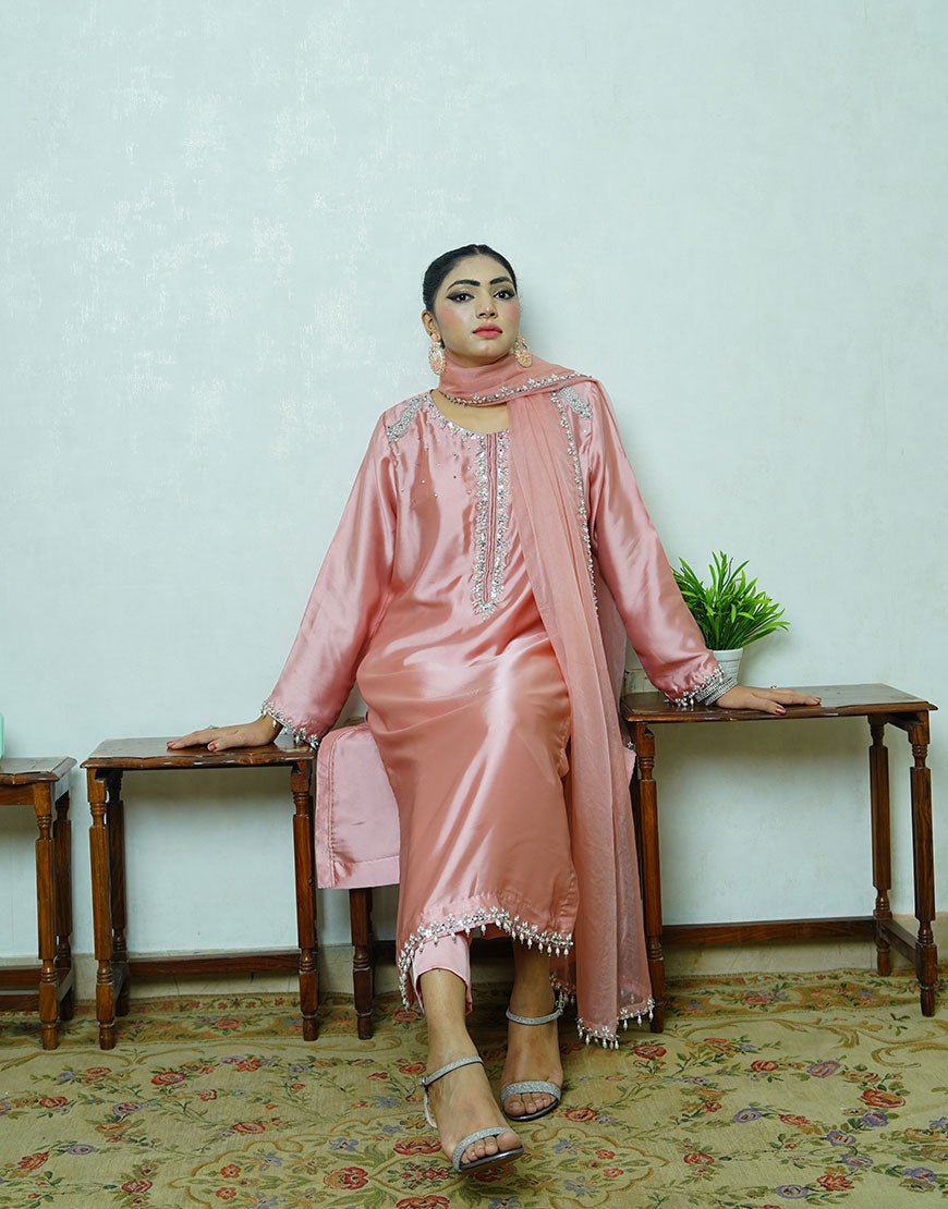 Soft Blush Pink Shamooz Silk Embroidered Suit – Handcrafted Dabka & Crystal Work | Luxury Eid & Formal Wear