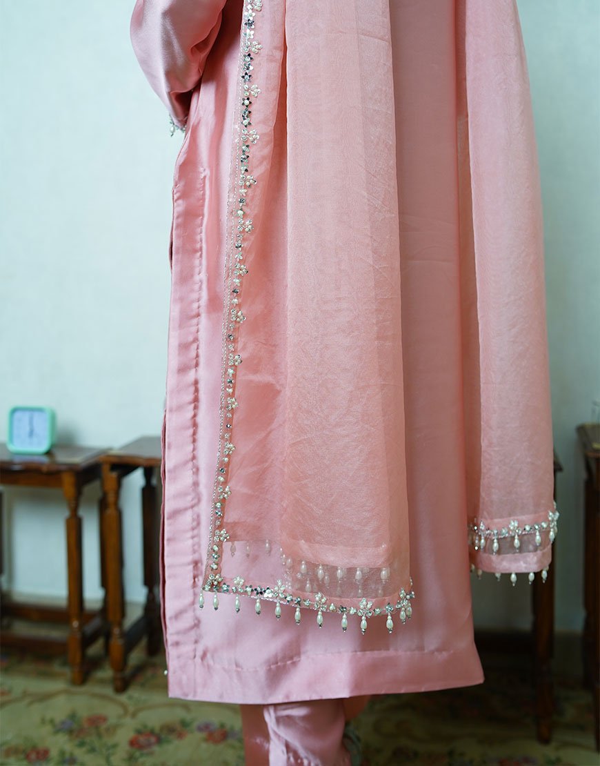 Soft Blush Pink Shamooz Silk Embroidered Suit – Handcrafted Dabka & Crystal Work | Luxury Eid & Formal Wear