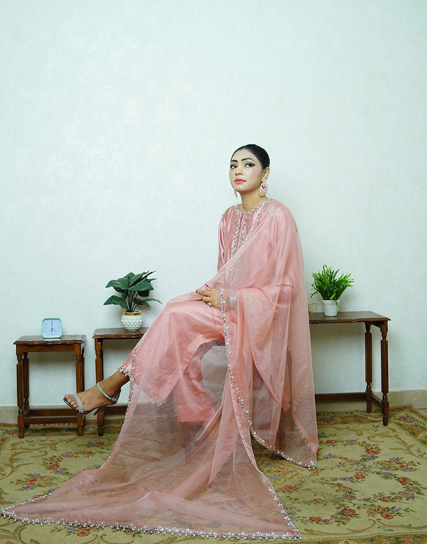 Soft Blush Pink Shamooz Silk Embroidered Suit – Handcrafted Dabka & Crystal Work | Luxury Eid & Formal Wear