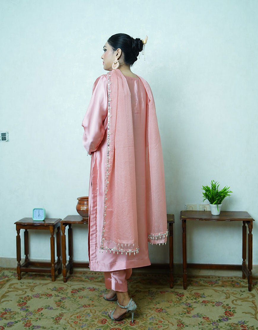 Soft Blush Pink Shamooz Silk Embroidered Suit – Handcrafted Dabka & Crystal Work | Luxury Eid & Formal Wear