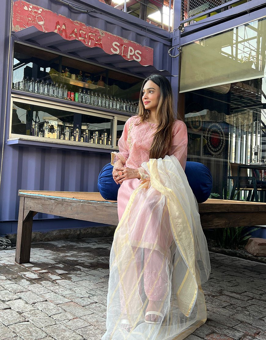 Soft Pink Hand-Embroidered Organza Shirt & Pants Set – Tila Grid, Pearl & Sequin Work | Luxury Eid & Formal Wear