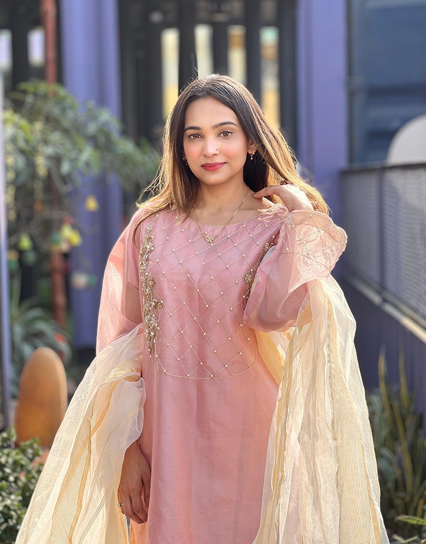 Soft Pink Hand-Embroidered Organza Shirt & Pants Set – Tila Grid, Pearl & Sequin Work | Luxury Eid & Formal Wear
