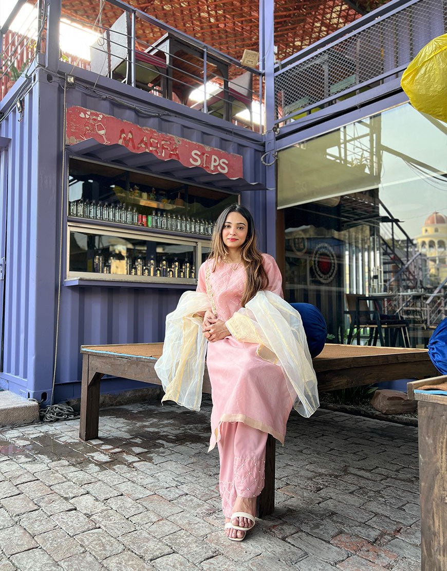 Soft Pink Hand-Embroidered Organza Shirt & Pants Set – Tila Grid, Pearl & Sequin Work | Luxury Eid & Formal Wear