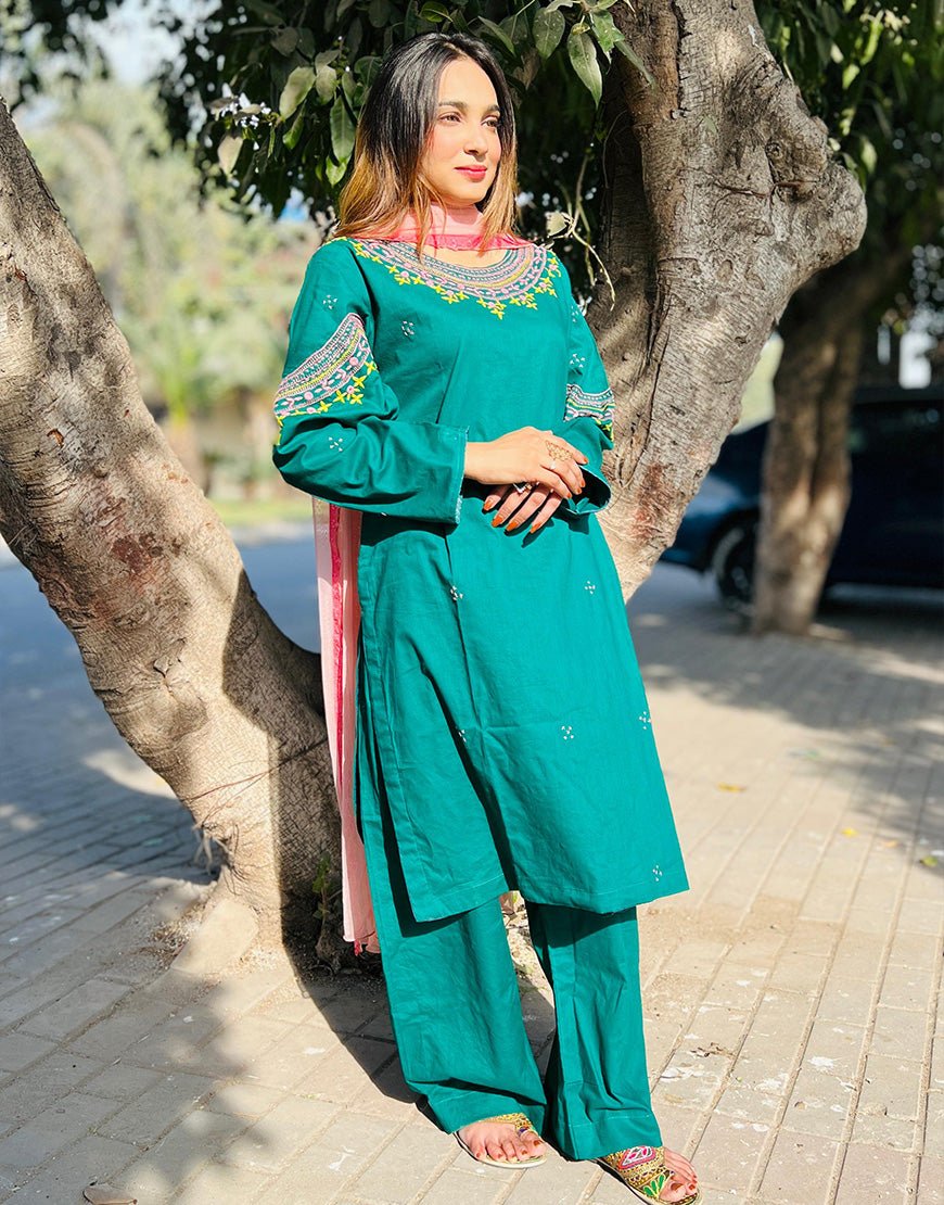 Stitched - Hand-Embroidered Bottle Green Outfit | Cotton Lawn | Eid & Summer Collection