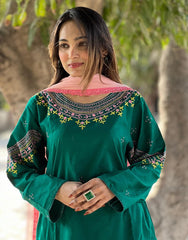 Stitched - Hand-Embroidered Bottle Green Outfit | Cotton Lawn | Eid & Summer Collection