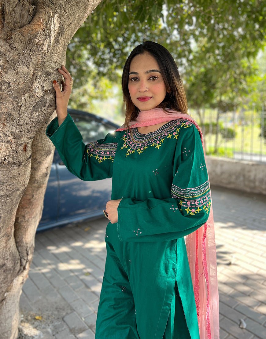 Stitched - Hand-Embroidered Bottle Green Outfit | Cotton Lawn | Eid & Summer Collection