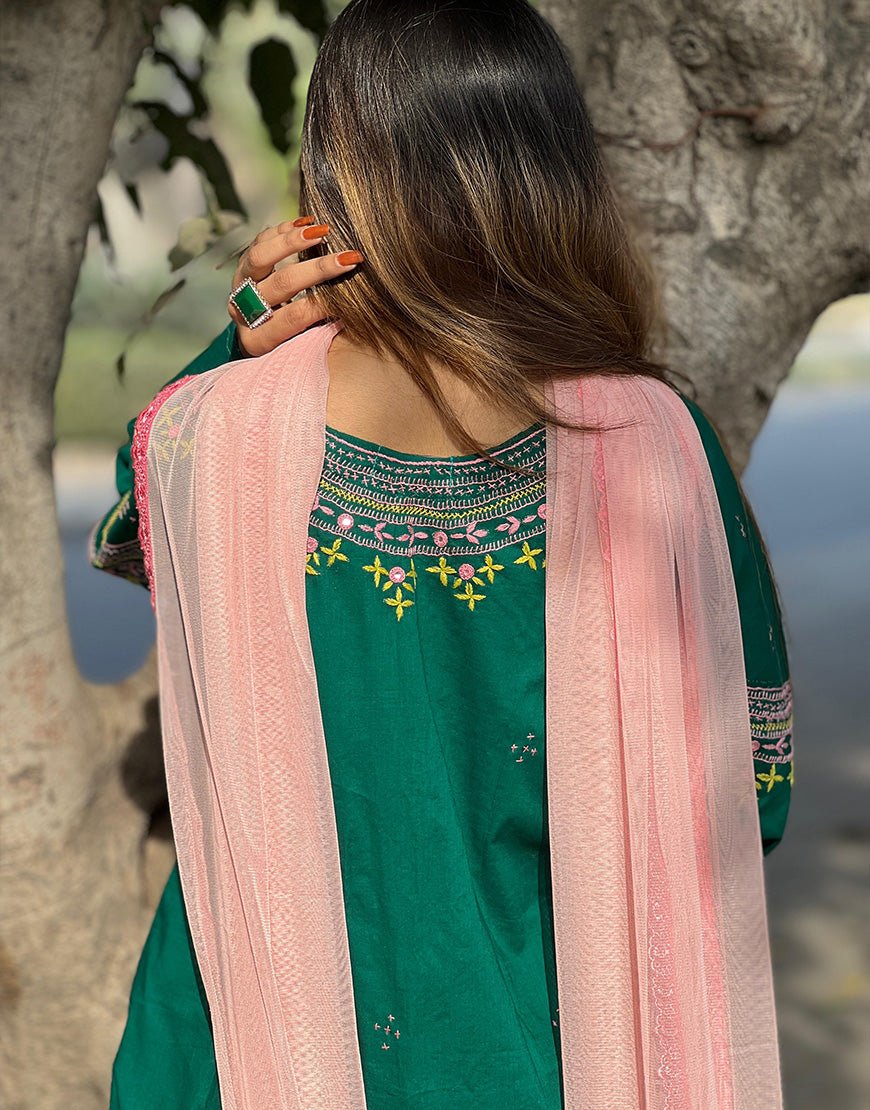Stitched - Hand-Embroidered Bottle Green Outfit | Cotton Lawn | Eid & Summer Collection