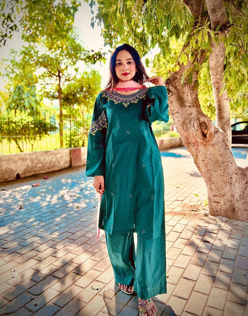 Stitched - Hand-Embroidered Bottle Green Outfit | Cotton Lawn | Eid & Summer Collection