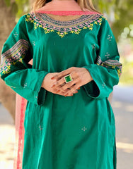 Stitched - Hand-Embroidered Bottle Green Outfit | Cotton Lawn | Eid & Summer Collection