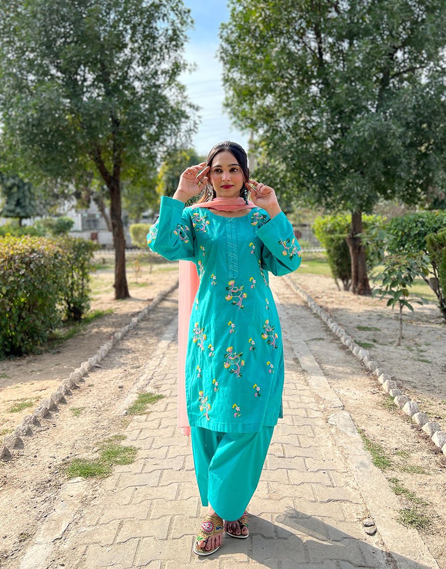 Stitched - Hand Embroidered - Ferozi 2-Piece (Cotton Lawn | Farshi Shalwar) - Eid Collection