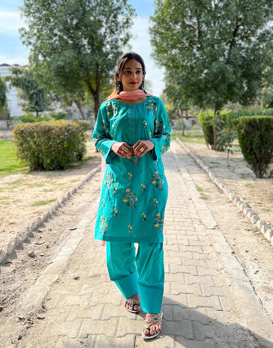 Stitched - Hand Embroidered - Ferozi 2-Piece (Cotton Lawn | Farshi Shalwar) - Eid Collection
