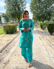 Stitched - Hand Embroidered - Ferozi 2-Piece (Cotton Lawn | Farshi Shalwar) - Eid Collection