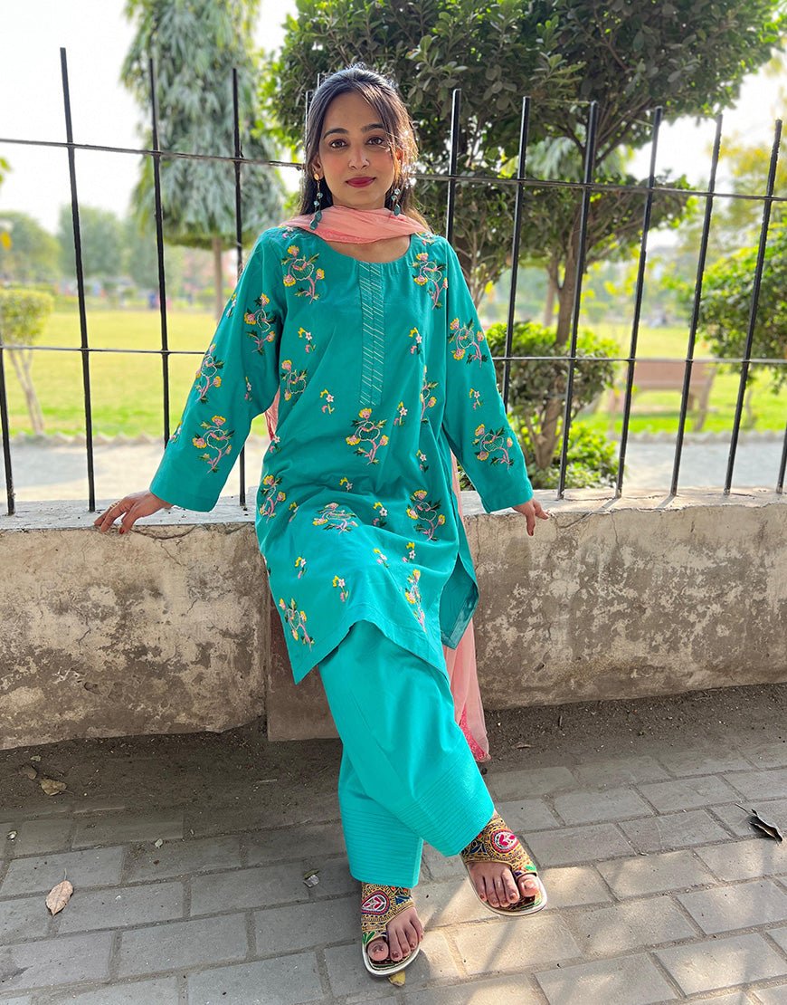 Stitched - Hand Embroidered - Ferozi 2-Piece (Cotton Lawn | Farshi Shalwar) - Eid Collection