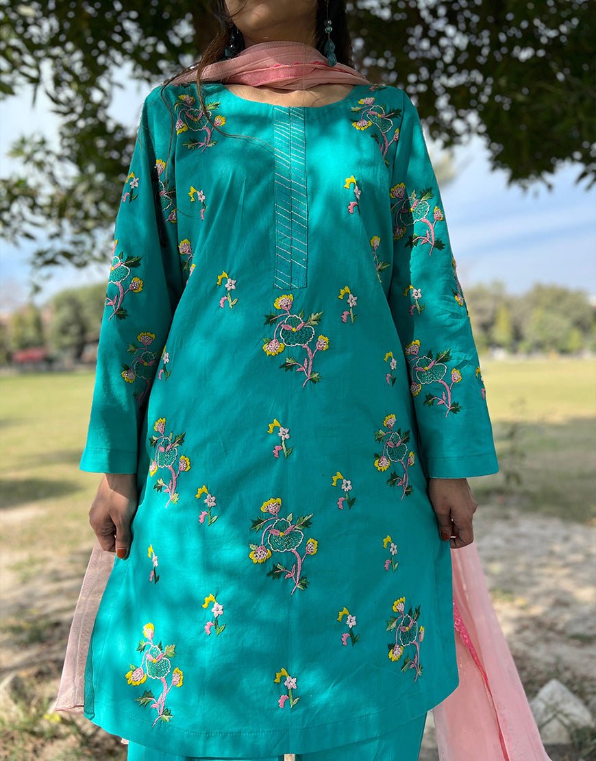 Stitched - Hand Embroidered - Ferozi 2-Piece (Cotton Lawn | Farshi Shalwar) - Eid Collection