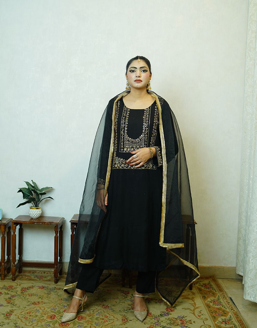 Veya – Black Opada Silk Suit with Silver Gold Dabka Embroidery & Organza Dupatta