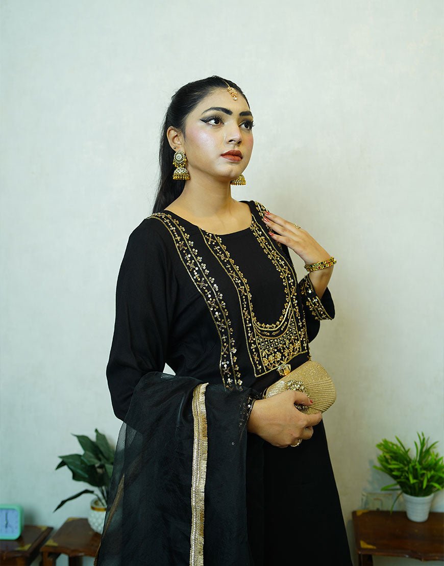 Veya – Black Opada Silk Suit with Silver Gold Dabka Embroidery & Organza Dupatta