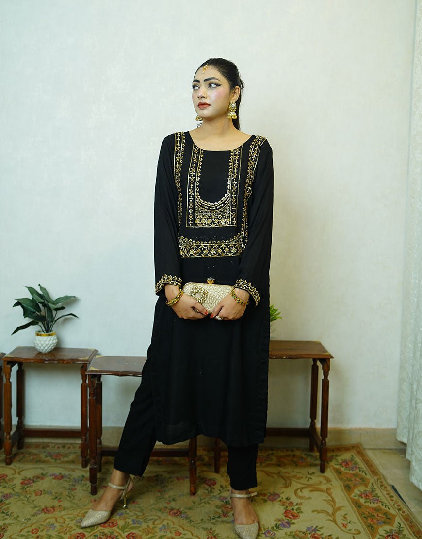 Veya – Black Opada Silk Suit with Silver Gold Dabka Embroidery & Organza Dupatta